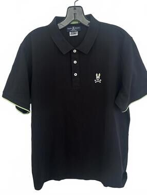 Psycho Bunny Burnside Black Polo Shirt Lime Green Trim & Back Graphic - XXL EUC